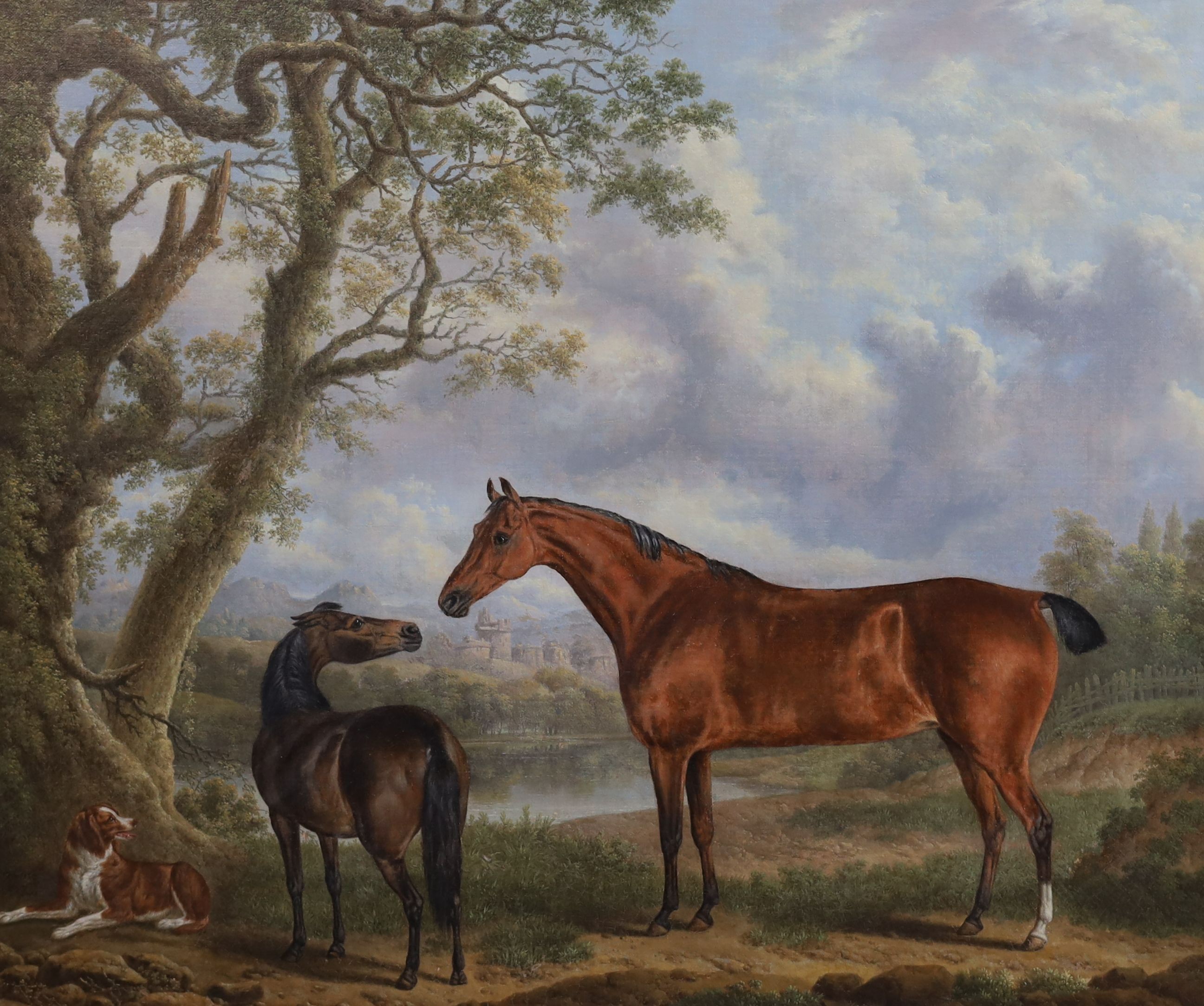 Charles Towne (1763-1840), Two horses and a dog in a landscape, a castle beyond, oil on canvas, 43 x 51cm